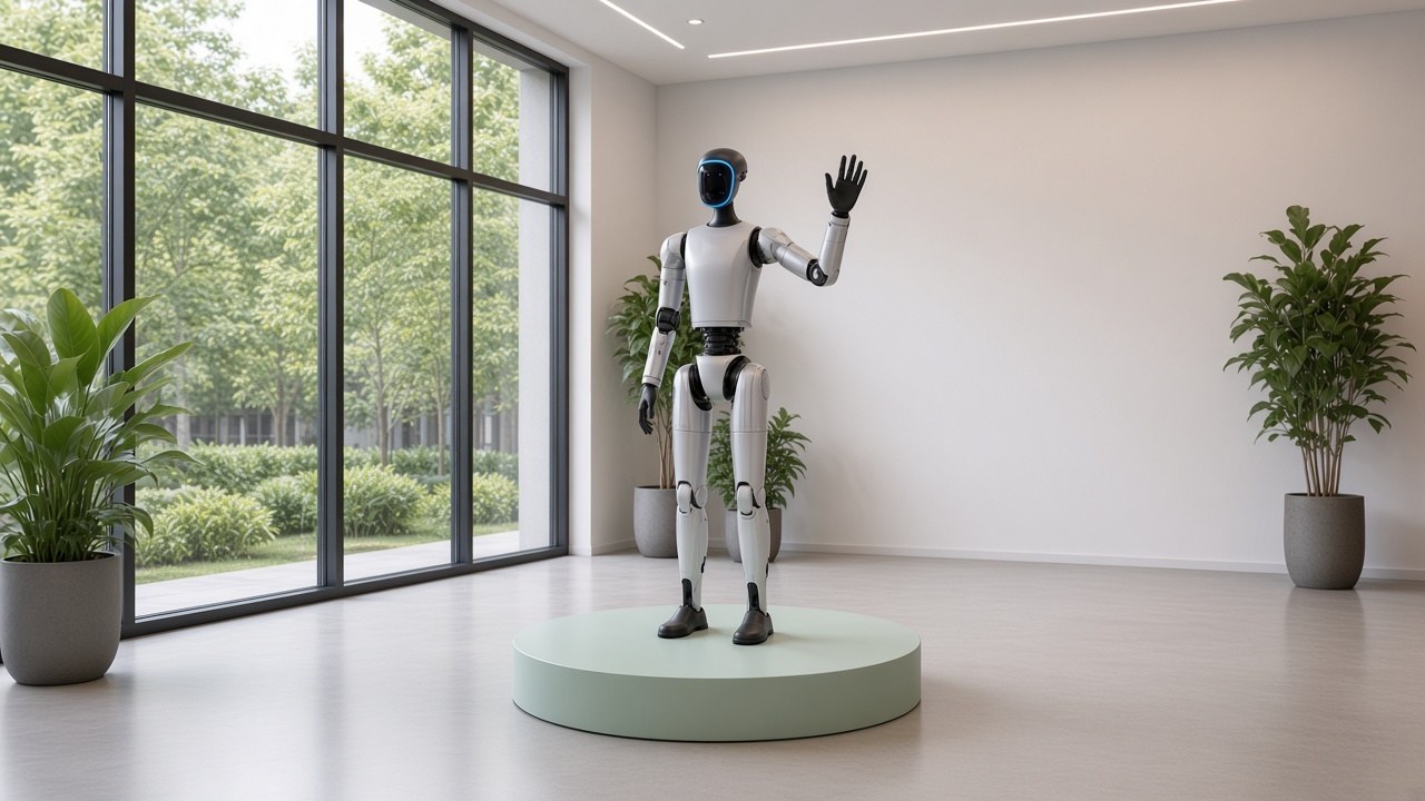 Showroom visualisation: G1 humanoid by the windows