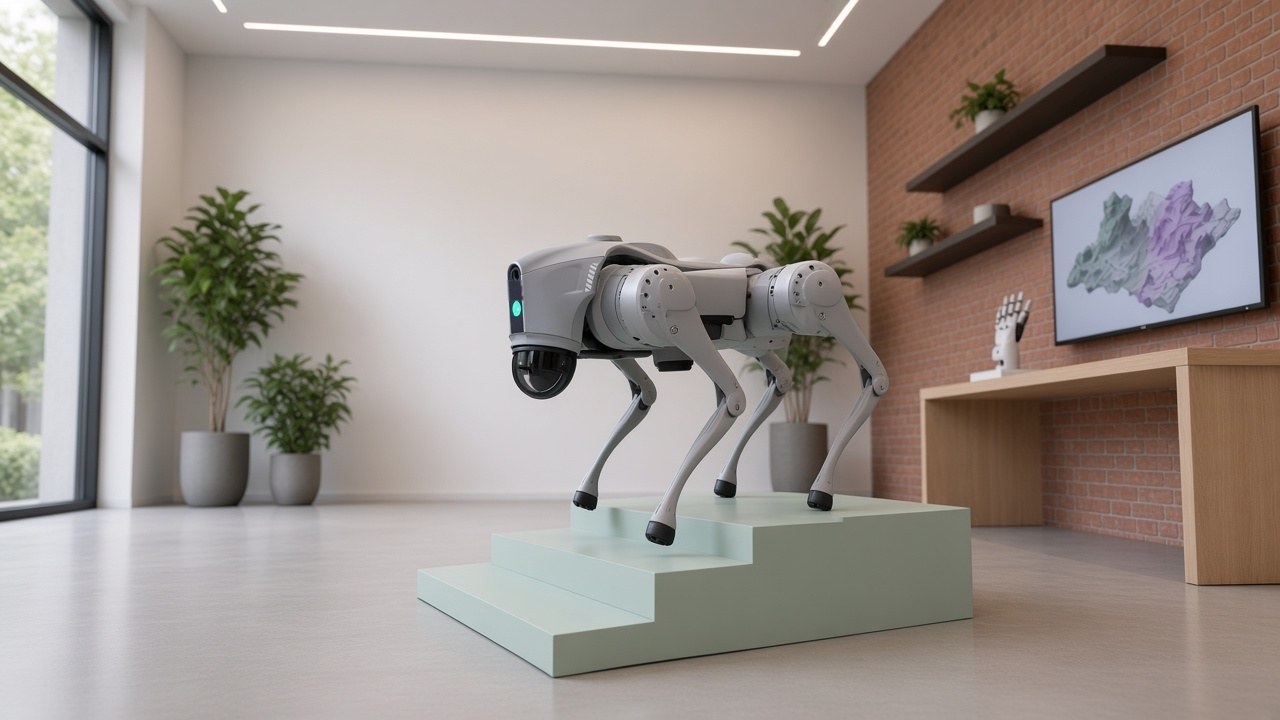 Showroom visualisation: Go2 quadruped on a stair module