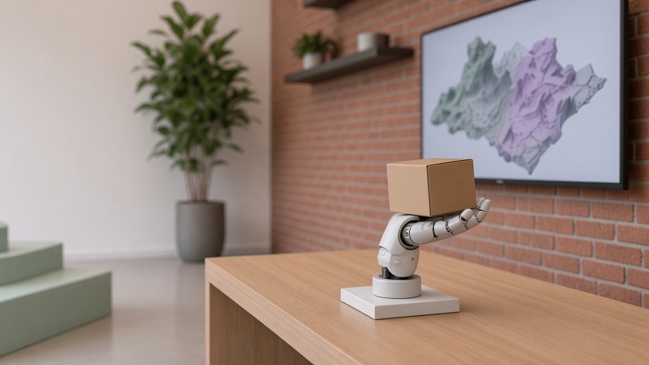 Showroom visualisation: robot hand holding a box on a stand