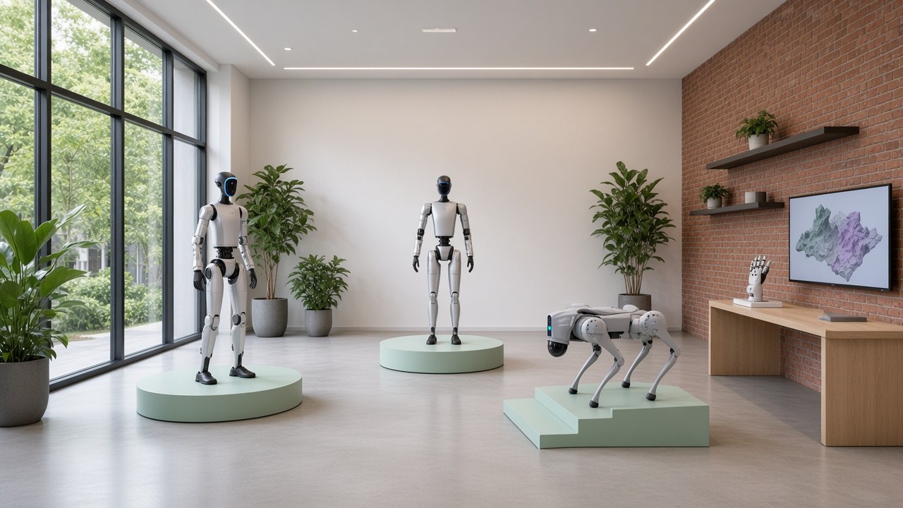 Showroom visualisation: overview of a bright room with G1, H2 and Go2 robots and a robot hand